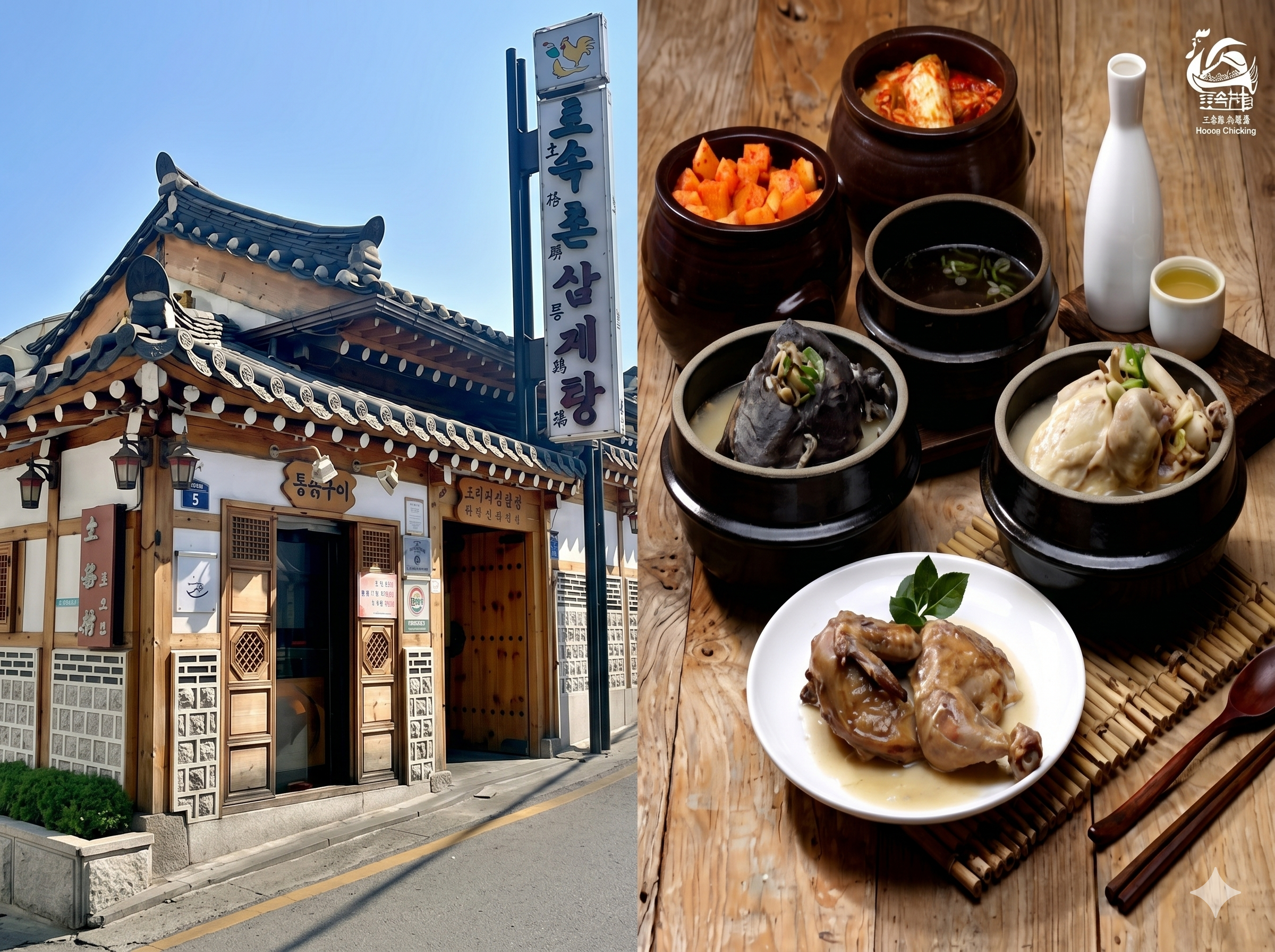 토속촌 삼계탕 외관과 음식 — Tosokchon Samgyetang traditional hanok exterior and food