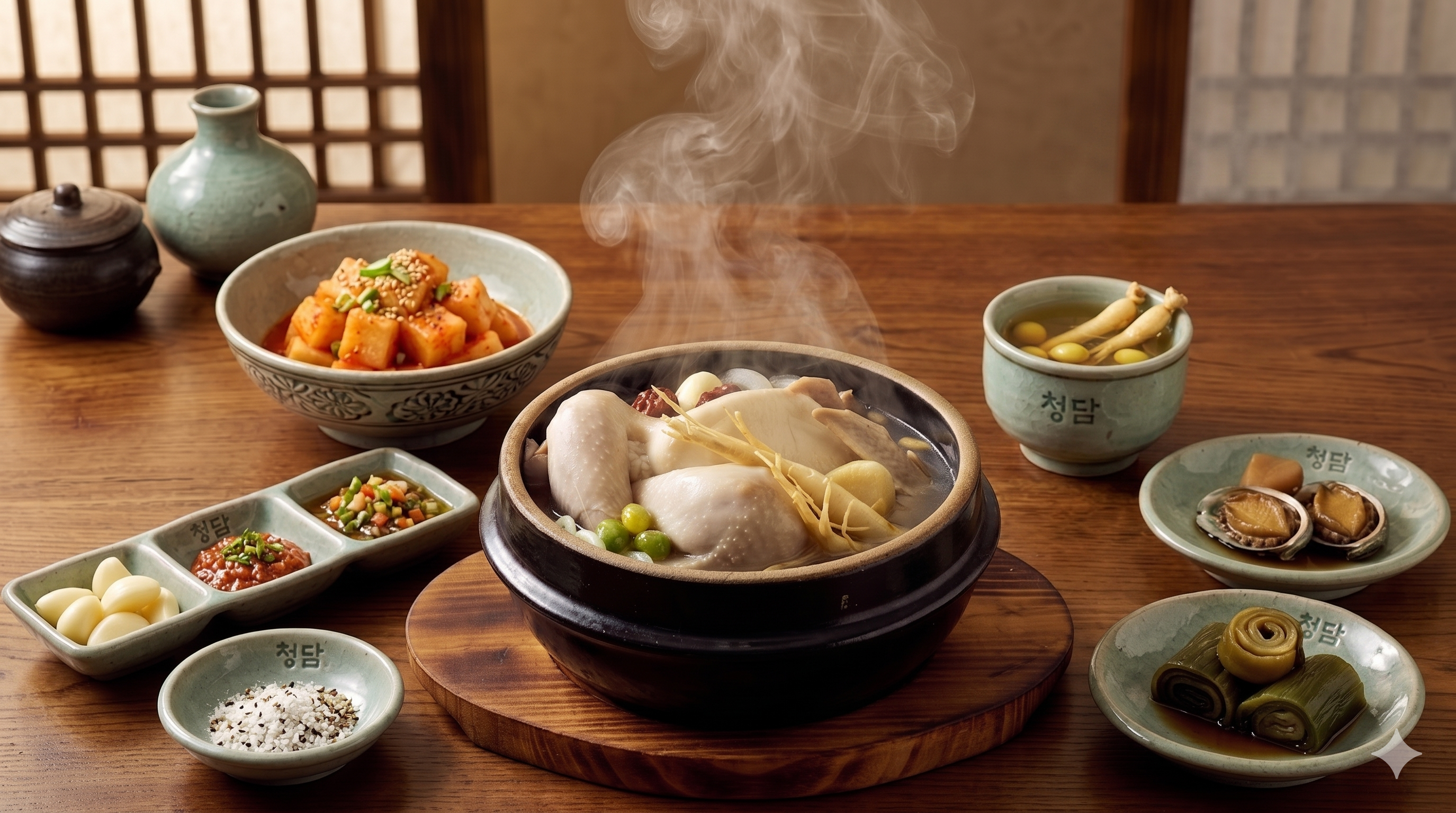 삼계탕 한상 — Samgyetang full table setting with earthenware pot, steam rising