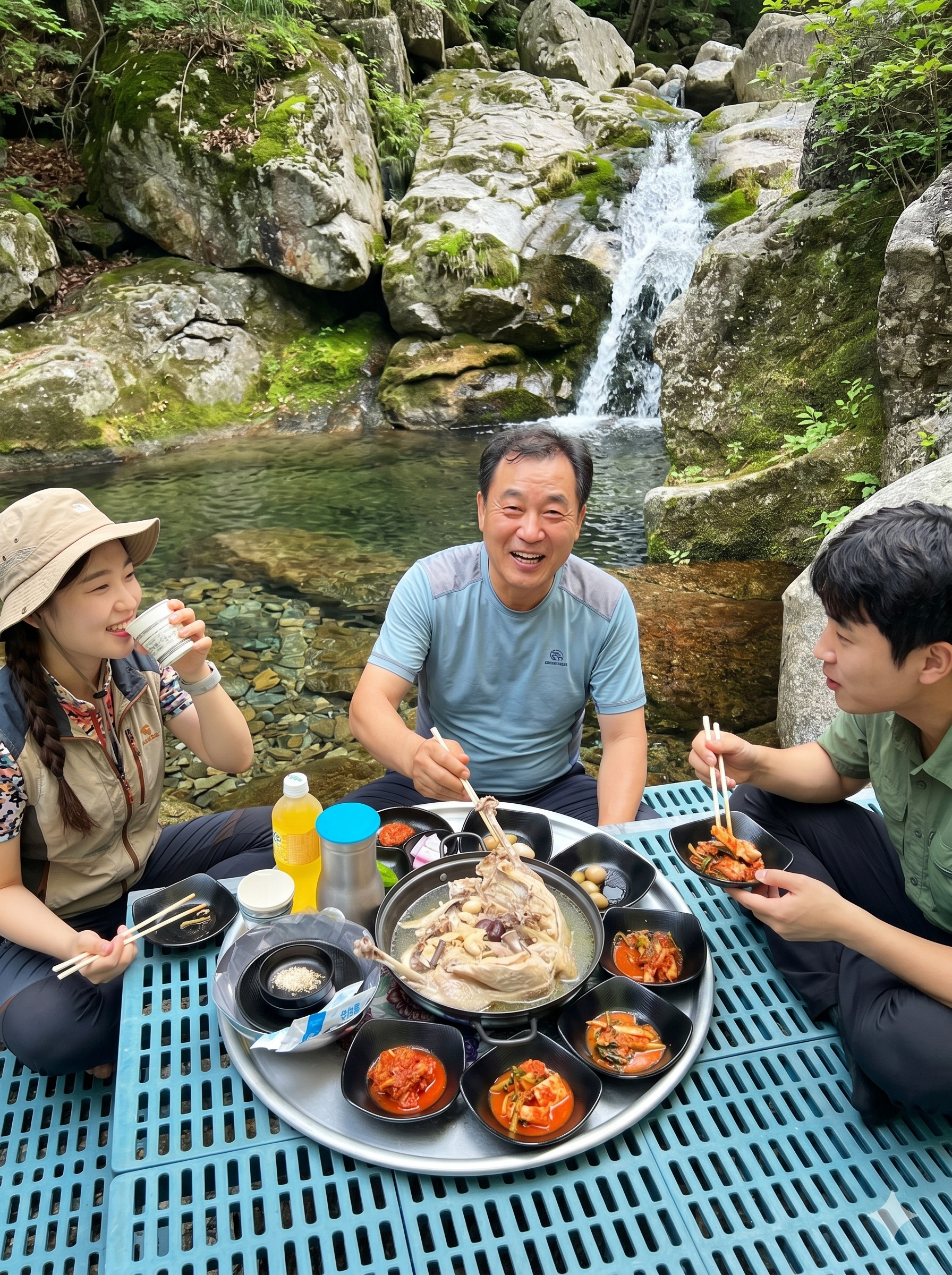 계곡 평상에서 삼계탕 먹는 가족 — Family eating samgyetang on a platform beside mountain valley stream