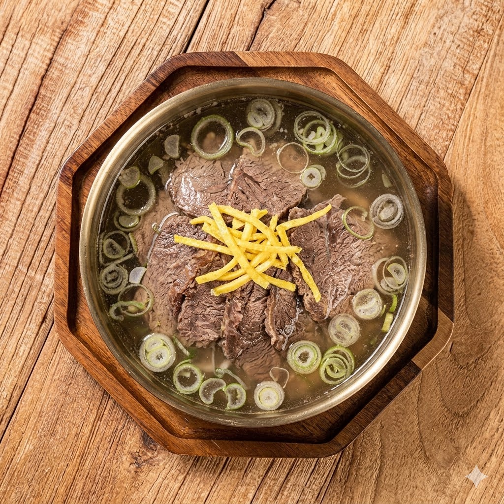 Gomtang — clear amber beef brisket broth overhead view