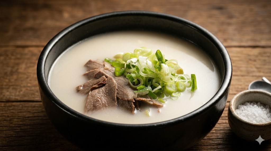 Seolleongtang — milky white ox bone broth, scallions, salt on the side