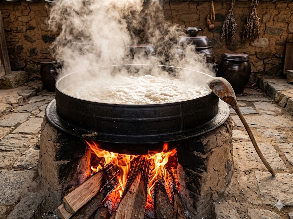 Giant iron gamasot cauldron boiling seolleongtang — steam rising over open flame