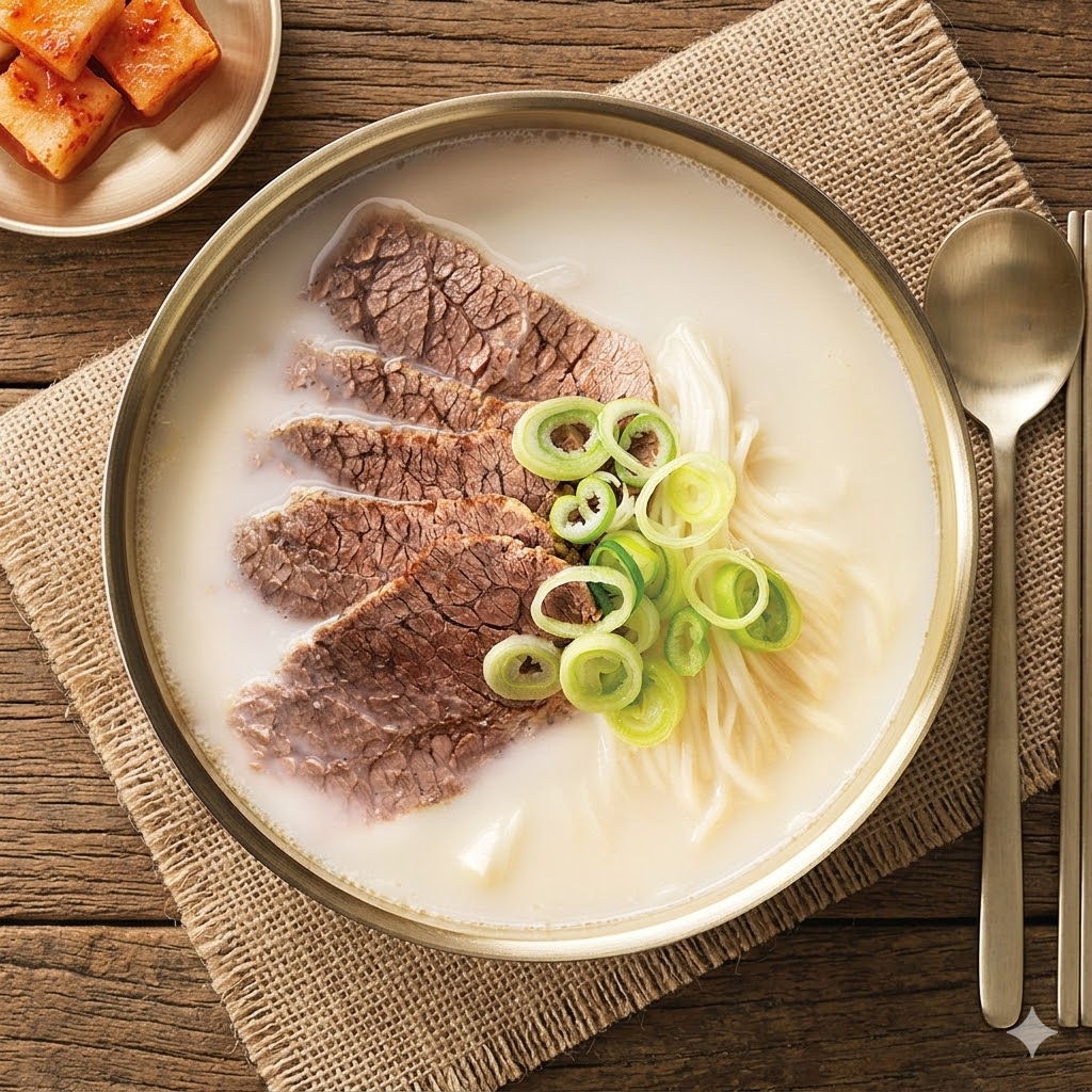Seolleongtang — milky white ox bone broth overhead view