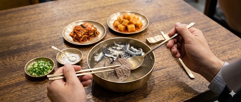 Full table — gukbap bowl, suyuk, house kimchi, kkakdugi, saewujeot — the complete Korean bone soup experience