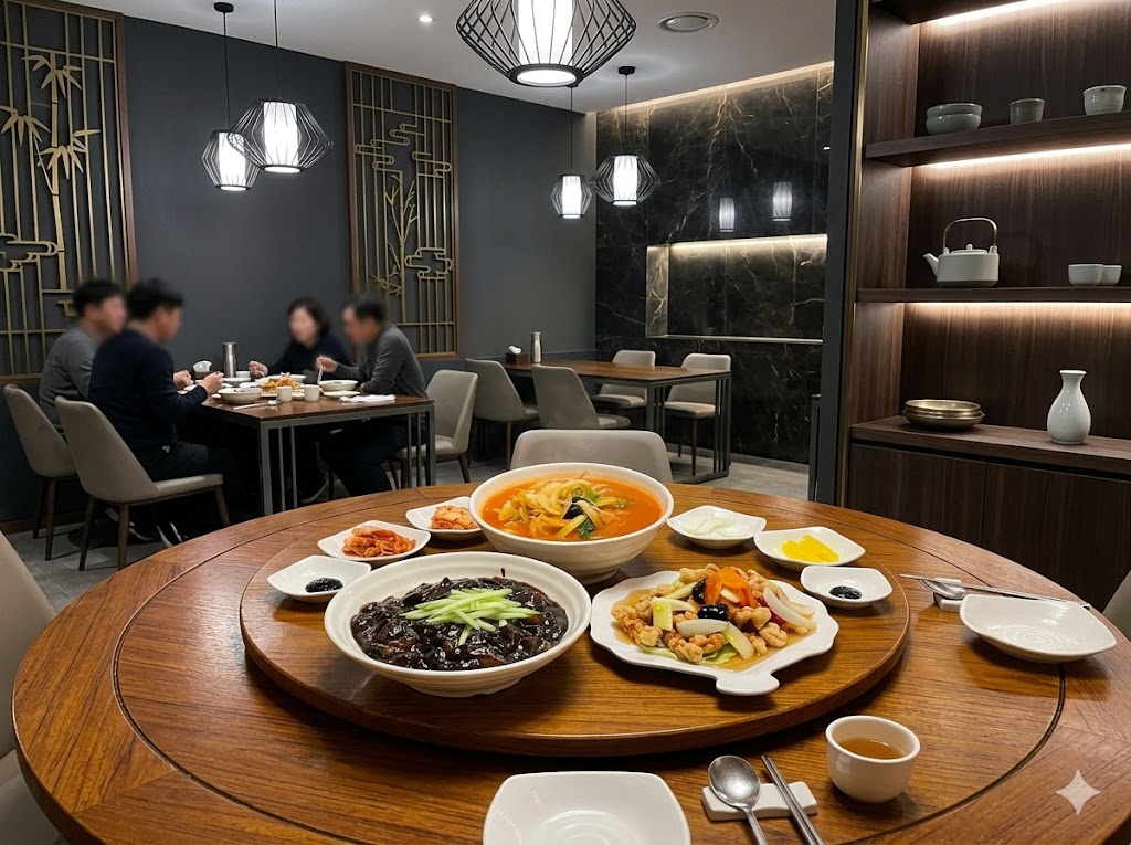 한국 중식당 — 회전 테이블 위 탕수육, 짜장면, 짬뽕