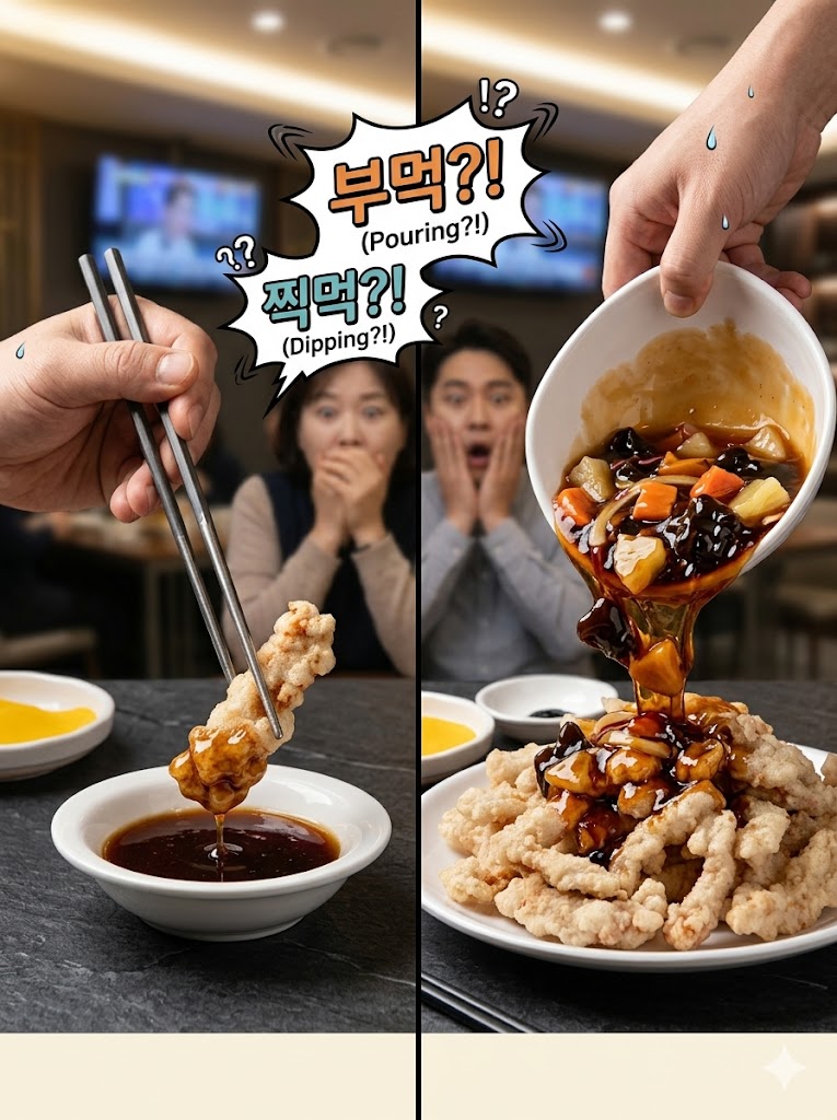 부먹 vs 찍먹 — 소스 종지 앞에 선 두 개의 젓가락