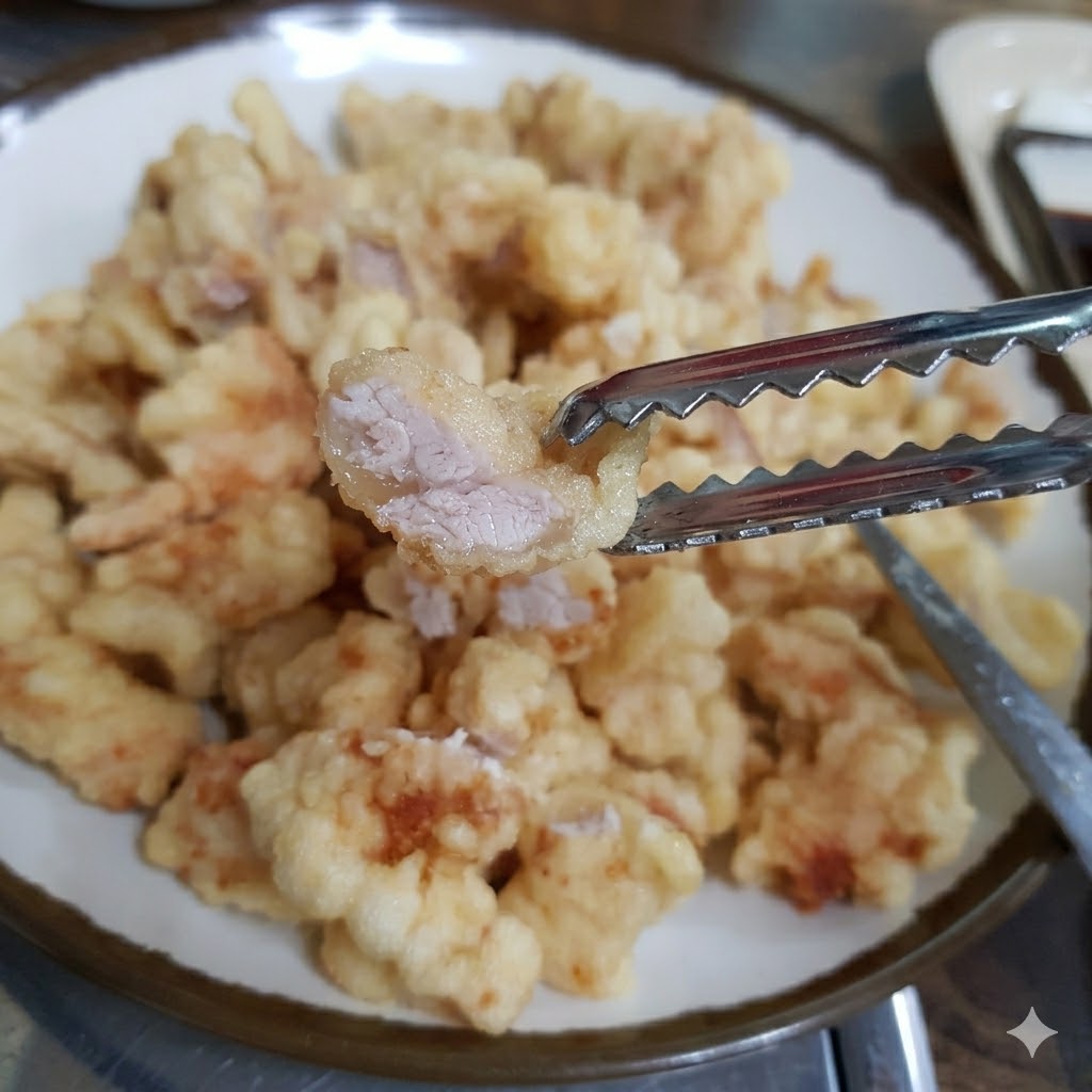 탕수육 단면 — 얇은 전분 반죽 층과 촉촉한 돼지고기