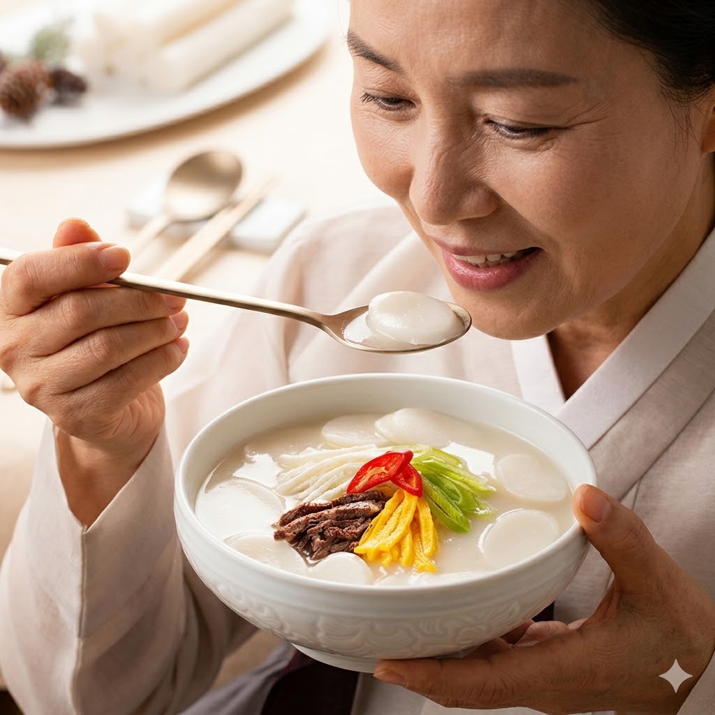 기본 떡국 — Classic tteokguk with round white rice cake slices in clear broth