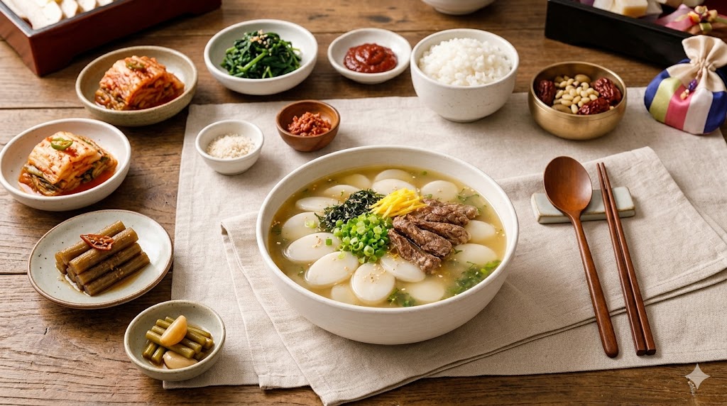 떡국 클로즈업 — Tteokguk, Korean rice cake soup with round white tteok slices in clear bone broth, topped with shredded beef, green onion and seaweed