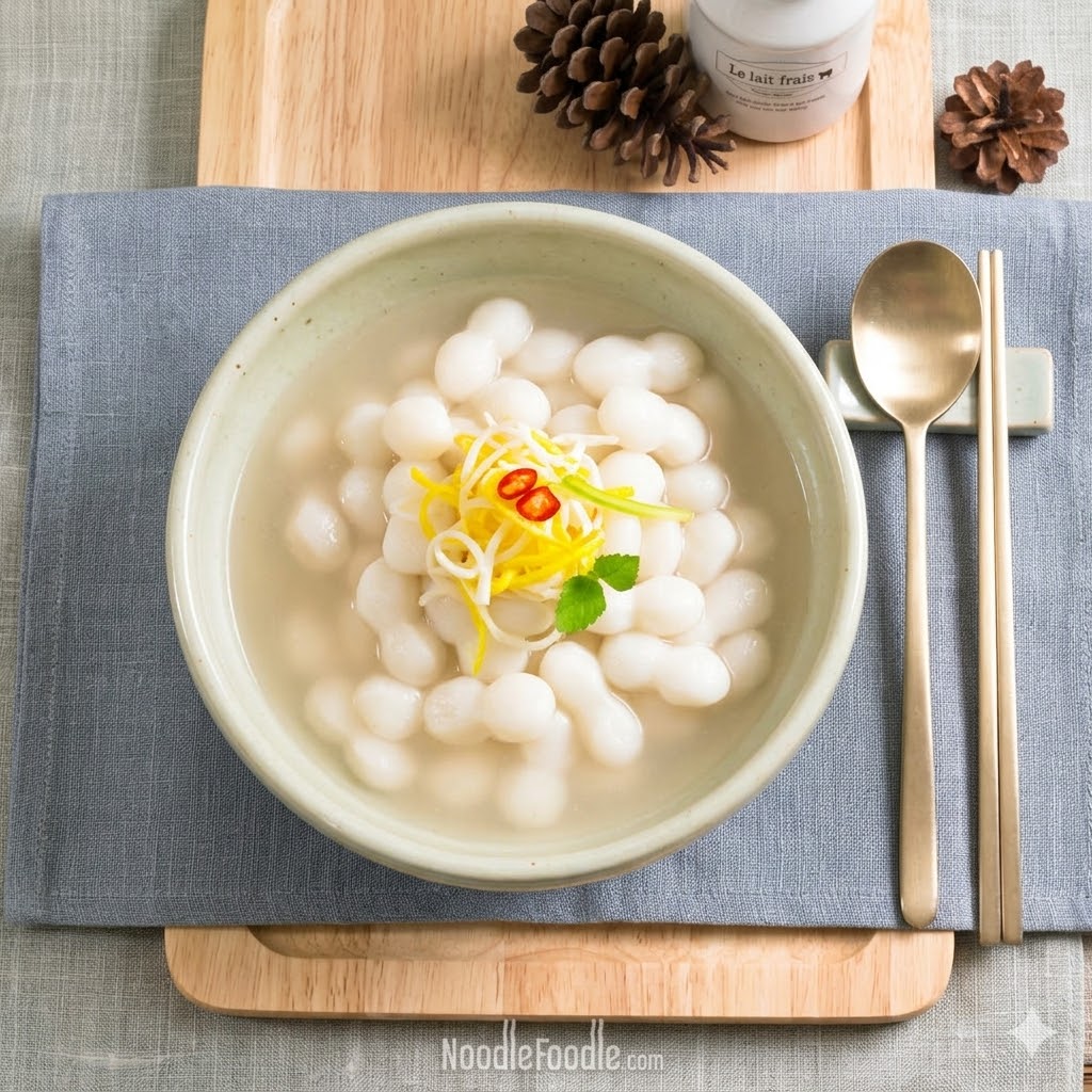 조랭이떡국 — Gaeseong-style tteokguk with silkworm cocoon-shaped rice cakes