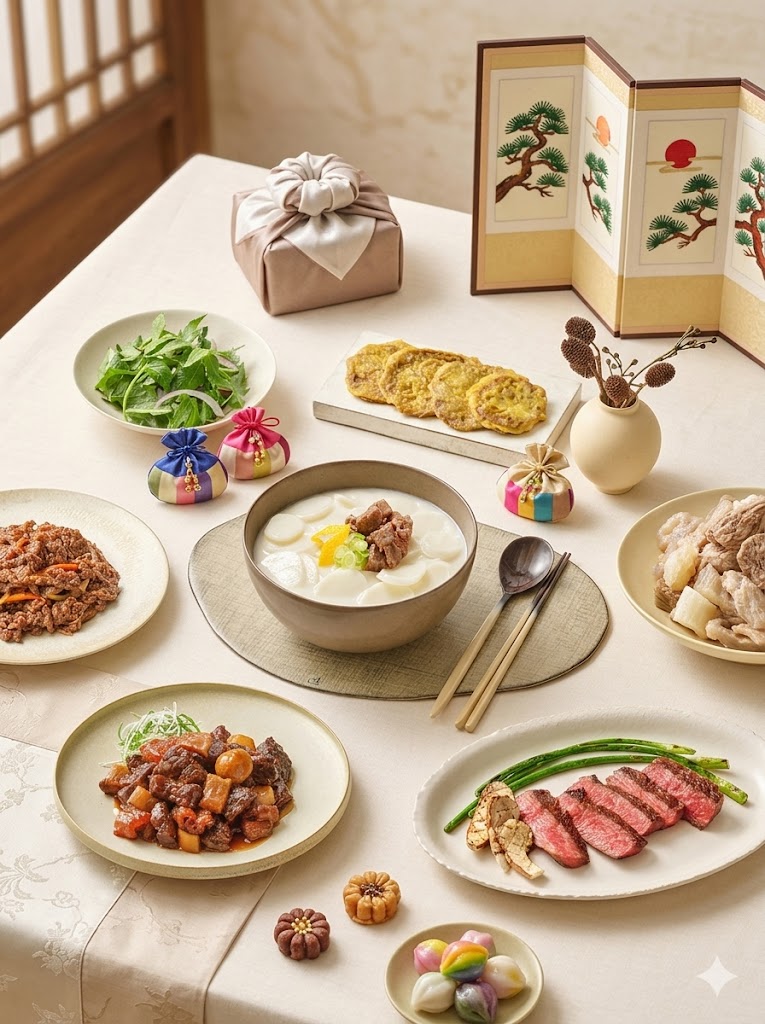설날 아침 상차림 — Seollal morning table with tteokguk and traditional Korean dishes
