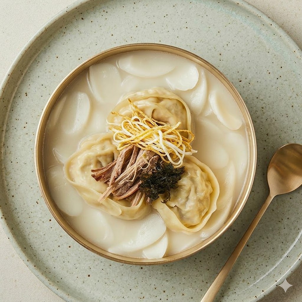떡만두국 — Tteok-manduguk with rice cakes and dumplings in broth