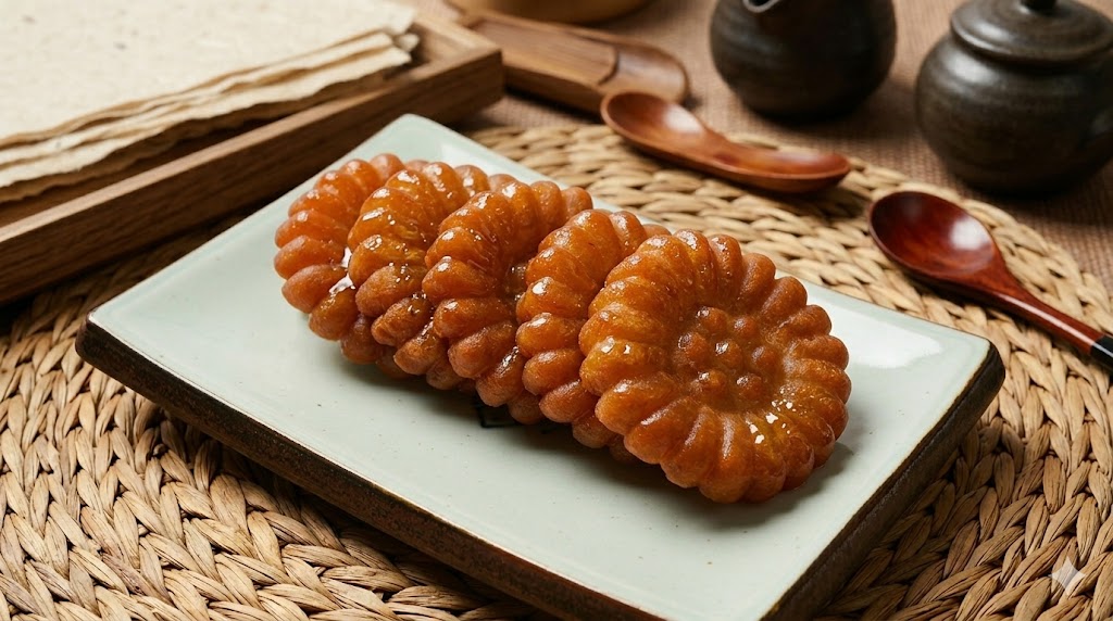 전통 약과 — 꿀 시럽이 흐르는 꽃 모양 약과 클로즈업