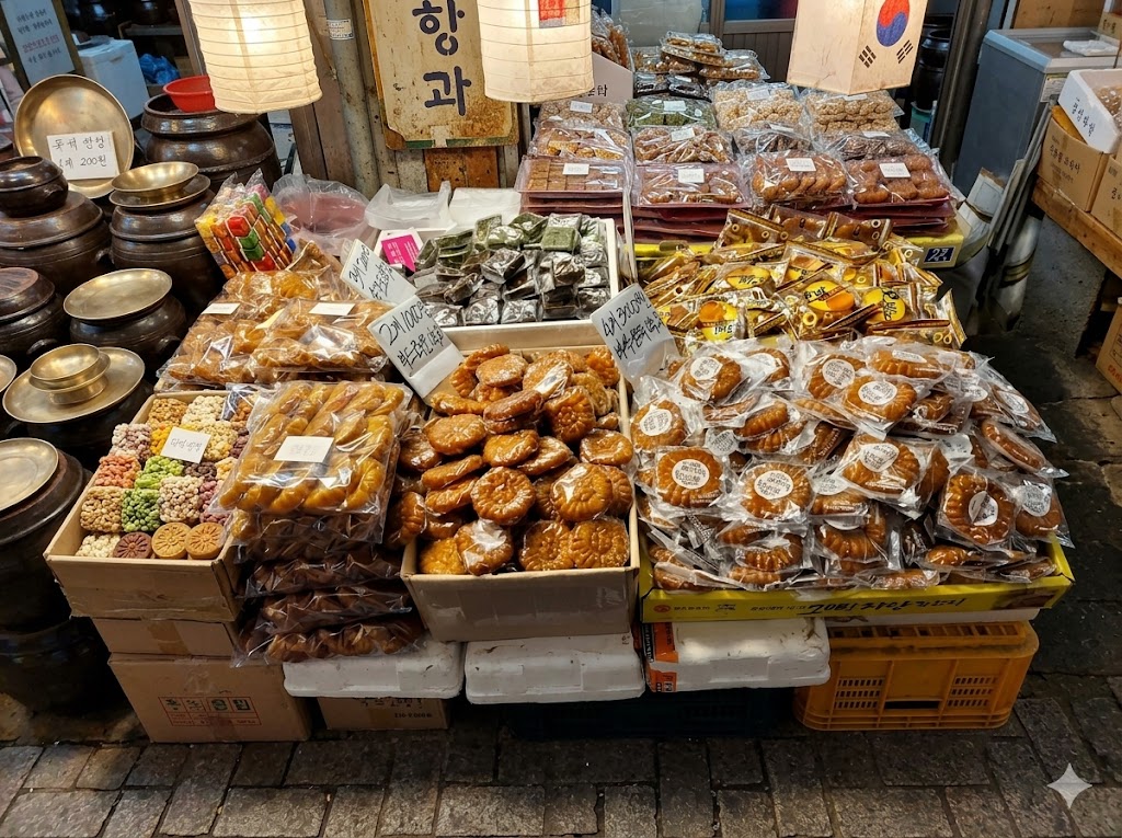 광장시장 한과 진열대 — 전통 약과가 쌓인 시장 풍경