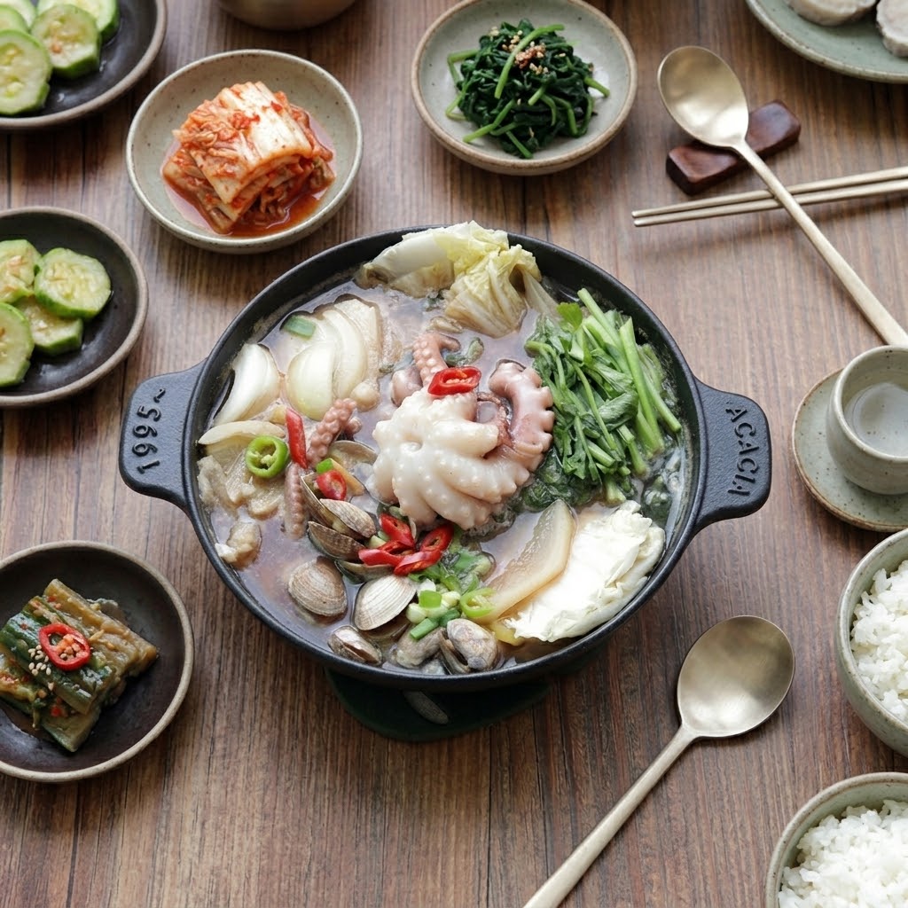 연포탕 완성 — 맑은 국물에 낙지·무·버섯이 담긴 뚝배기